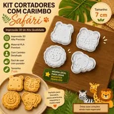 Kit Com 4 Cortadores com Carimbo Safari 3D | Molde para Biscoitos, Pasta Americana e Massinha | 7 cm