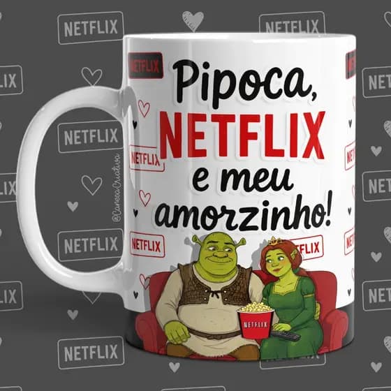 Caneca Xicara Copo Feliz Dia Dos Namorados Porcelana Shrek e Princesa Fiona Pipoca NetF E Meu Amorzinho