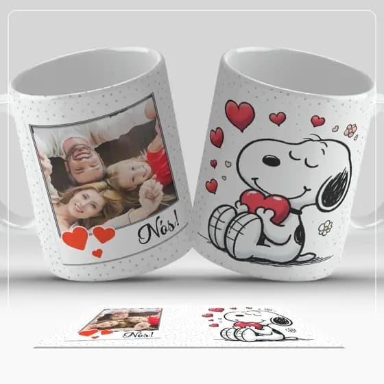 Caneca Xicara Copo Snoopy Feliz Dia Dos Namorados Porcelana Coracao Familia com FOTO