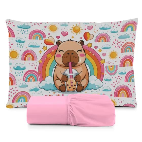 JOGO DE LENÇOL SOLTEIRO INFANTIL CAPIVARA CAPYBARA ARCO IRIS COLORIDO  FOFA LENÇOL DE ELASTICO