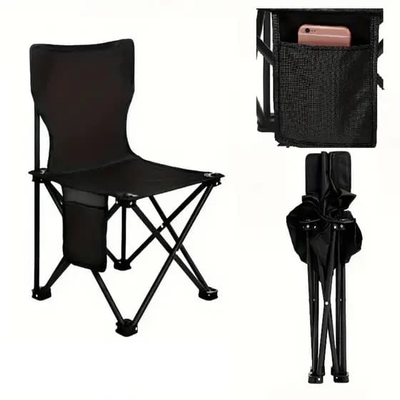 CADEIRA CAMPING PRAIA 70CM BANQUETA DOBRÁVEL PRETA BOLSO LATERAL ASSENTO PESCA COM BOLSA TRANSPORTE