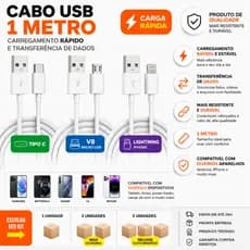 Cabo Carregador USB Tipo C V8 Lightning 1m Carga Rápida e Transferência de Dados