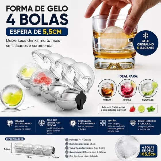 Forma de Gelo Esférico Reutilizável Molde para Bolas de Gelo