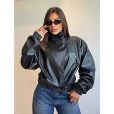 Jaqueta Feminina Couro Eco Oversized Gola Alta Premium, Jaqueta de couro estilo gringa, Jaqueta Estilosa, Jaqueta couro