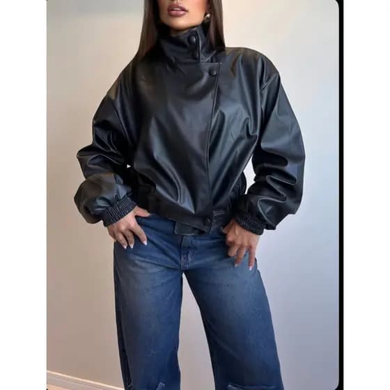 Jaqueta Feminina Couro Eco Oversized Gola Alta Premium, Jaqueta de couro estilo gringa, Jaqueta Estilosa, Jaqueta couro