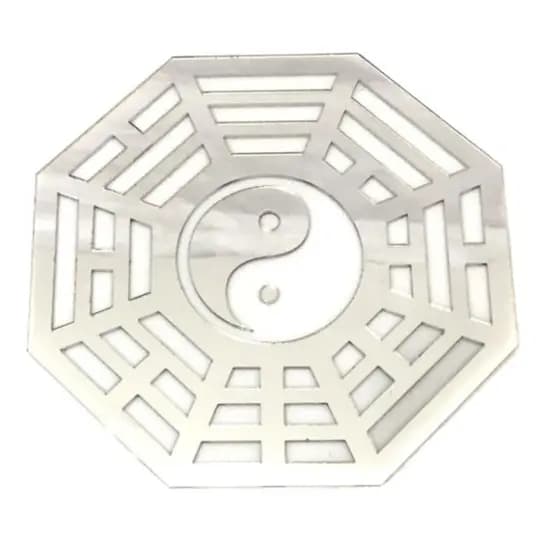 Espelho Baguá Yin Yang Acrílico Espelhado Prata Sala 15cm