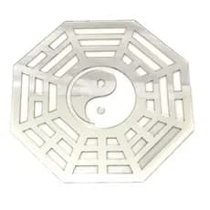 Espelho Baguá Yin Yang Acrílico Espelhado Prata Sala 15cm