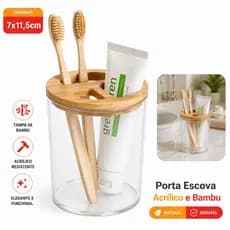 Porta Escova De Dente Acrílico e Bambu Multiuso
