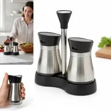 Porta Condimentos e Temperos Cozinha - Suporte com 2 Potes em Vidro + Suporte