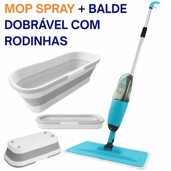 Kit - Rodo Mop Spray Microfibra + Balde Dobrável Para Limpeza Reservatório Água Produto Limpeza