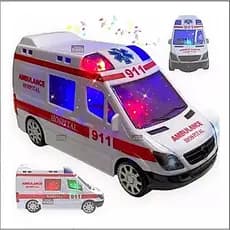 Carrinho Ambulância Musical Infantil Bate e Volta Gira 360° Com Luzes Led e Som