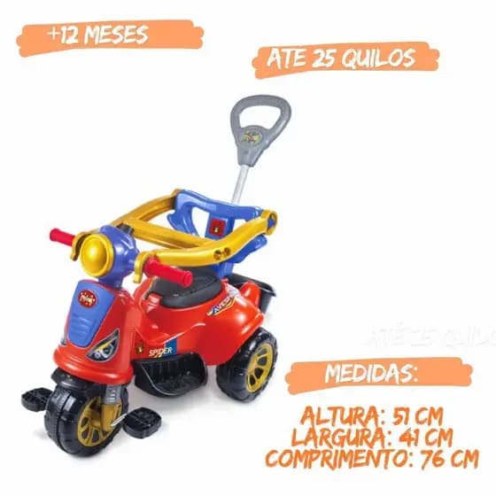 Triciclo Infantil Vespa Spider Pedal e Andador com Haste removível - Moto Infantil