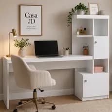Escrivaninha Star com Estante Organizadora e Armários Mesa Home Office Moderna - Branca
