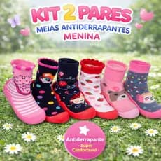 Kit 2 Pares Meia Bebê Menina Antiderrapante Inverno Sola Emborrachada Confortável Calce Fácil