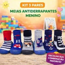 Kit 3 Pares Meia Bebê Menino Antiderrapante Confortável Calce Fácil Sola Emborrachada