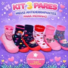 Kit 3 Pares Meia Bebê Menina Antiderrapante Macia Confortável Sola Emborrachada Primeiros Passos