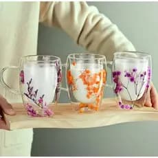 Caneca Dupla Floral Penas Glitter Transparente Copo Vidro Duplo 330ml