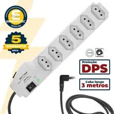 Filtro de Linha 6 Tomadas Branco Cabo 3 metros Bivolt DPS Proteção Contra Surtos Régua Extensão