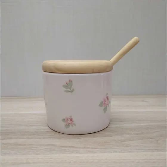 Açucareiro de Cerâmica Porta Açúcar Porta Temperos Porta Condimentos de Mesa Floral Rosa com Colher de Pinus