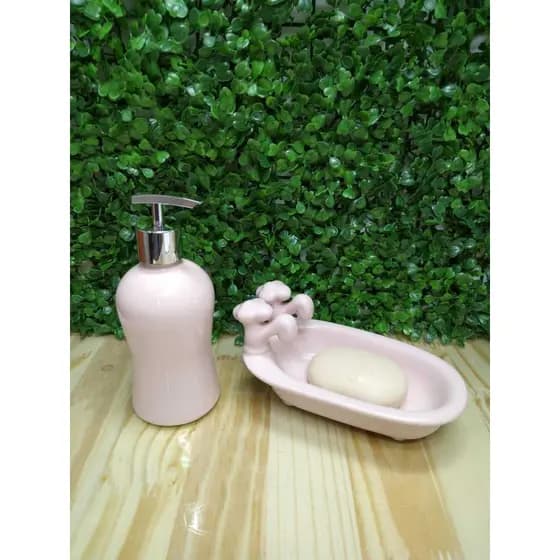 Kit Banheira com Torneira Saboneteira e Porta Sabonete Líquido Rose Porcelana Porta Sabonete para Banheiro ou Lavabo