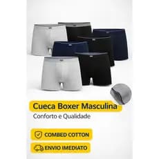 KIT Cueca Boxer Masculina Algodão Anti Alergica Original-Cuecas Boxer Masculina Algodão Elasticidade Extra -bl-