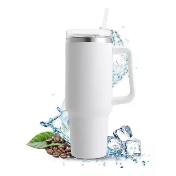 Personalizado - Copo Caneca (1200 ml) Térmica Inox com Alça e Canudo - Branco