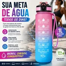 Garrafa Motivacional 1 Litro Marcador de Horário e Frases Fitness BPA Free Academia Garrafinha Água
