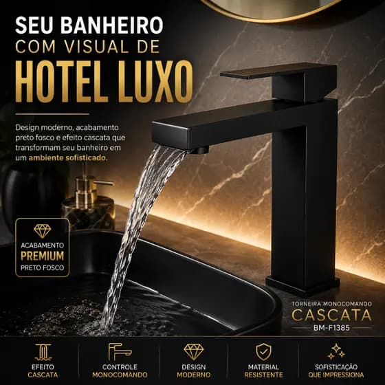 Torneira Monocomando Preta Fosca Cascata Para Lavatório Banheiro Moderna BM-F1385