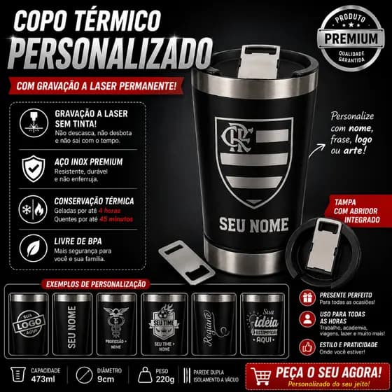 Copo Térmico Inox Personalizado A Laser 473 ml Tampa Abridor Personalização Nome Frase Logo - Preto