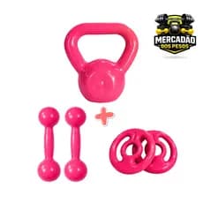 KIT TREINO EM CASA COM  2 HALTER BOLA , 2 ANILHAS, 1 KETLEBELL EMBORRACHADOS NA COR ROSA