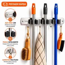 Suporte Organizador Inox de Parede Multiuso 7 Ganchos Porta Vassoura Mop Rodo Utensílios de Limpeza
