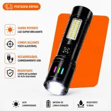 Lanterna LED Tática Recarregável USB Super Potente Longo Alcance Luz Lateral COB