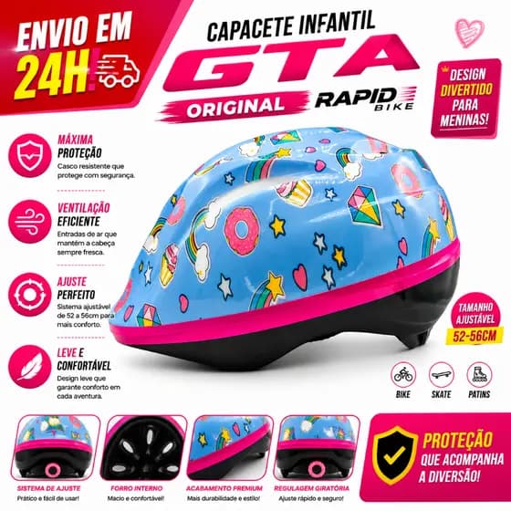 Capacete Infantil Menina Com Regulagem 52 a 56 com 8 Furos Entrada Ar GTA ORIGINAL