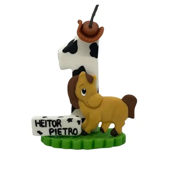 Vela Topo de Bolo em Biscuit Fazendinha Cavalinho