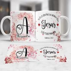 Caneca Personalizada Xícara Floral com Letra Inicial do  Nome Salmo Versículo