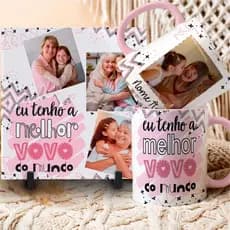 Kit Quadro decorativo Azulejo e Caneca de Porcelana Personalizados com foto Dia dos Avós Vovó Vovô