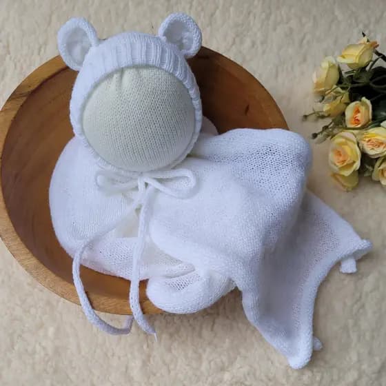 ✨ Conjunto Newborn Wrap + Touca Ursinho em Tricô | Prop para Fotografia de Bebê ✨