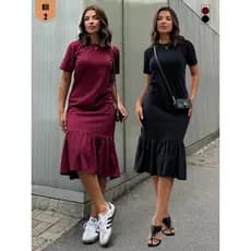 Kit 2 Vestidos Midi Femininos Básicos com Babado – Casual Confortável e Elegante