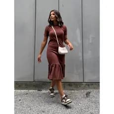 Vestido Feminino Midi Com Babado Soltinho Confortável Casual Elegante Algodão