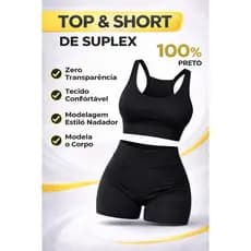 Conjunto Fitness Suplex Preto Top + Shorts feminino academia fitness cintura alta treino feminino biker meia coxa