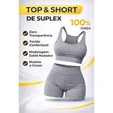 Conjunto Fitness Feminino Suplex Cinza Top + Shorts Cintura Alta Zero Transparência Academia
