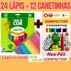 KIT 24 LÁPIS DE COR LEO ECO E 12 CANETINHA GIGANTE COMPACTOR