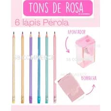 Kit 6 Lápis de Escrever HB Tom Pastel Perolado com Borracha e Apontador com Deposíto e Borracha Trends Leo&Leo