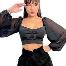 Cropped Blusinha Manga Longa Bufante Tule Juliete Com Bojo
