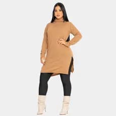 Blusa Sueter Fenda Lateral Midi Manga Longa Gola Cacharrel