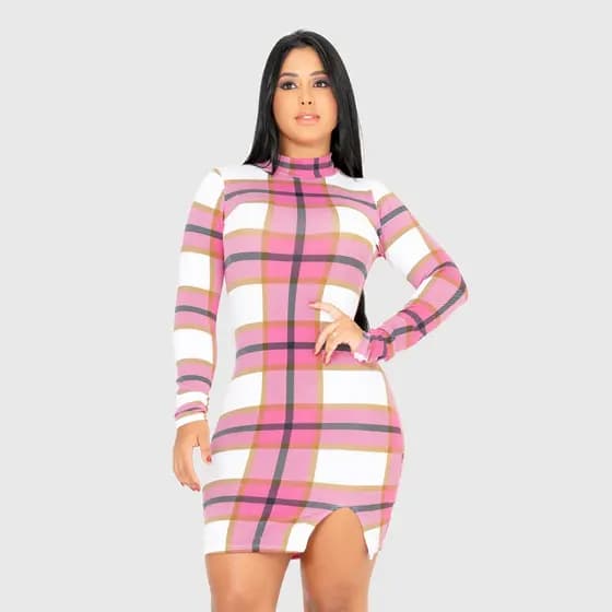 Vestido  Gola Alta Manga Longa Fenda Frontal Acinturado Xadrez