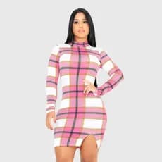 Vestido  Gola Alta Manga Longa Fenda Frontal Acinturado Xadrez