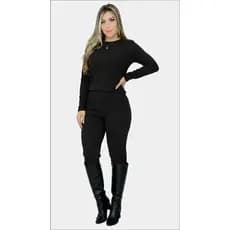 Conjunto feminino malha crepe calça jogger com bolsos laterais blusa manga longa gola redonda