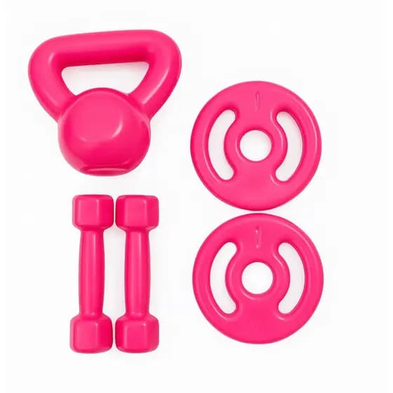 kit de treino rosa 8kg:  ketlebell 4kg + par de halteres sextavado 1kg + par de anilha 1kg