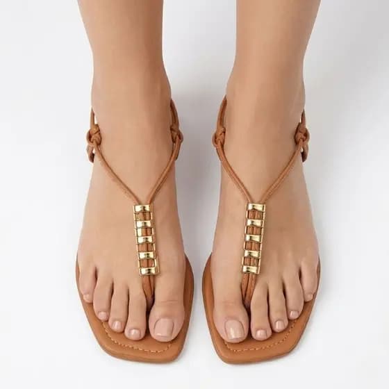 Sandália Feminina Rasteirinha de Dedinho com Enfeite Regulador Regula Fácil Calce Fácil Rosé Gold